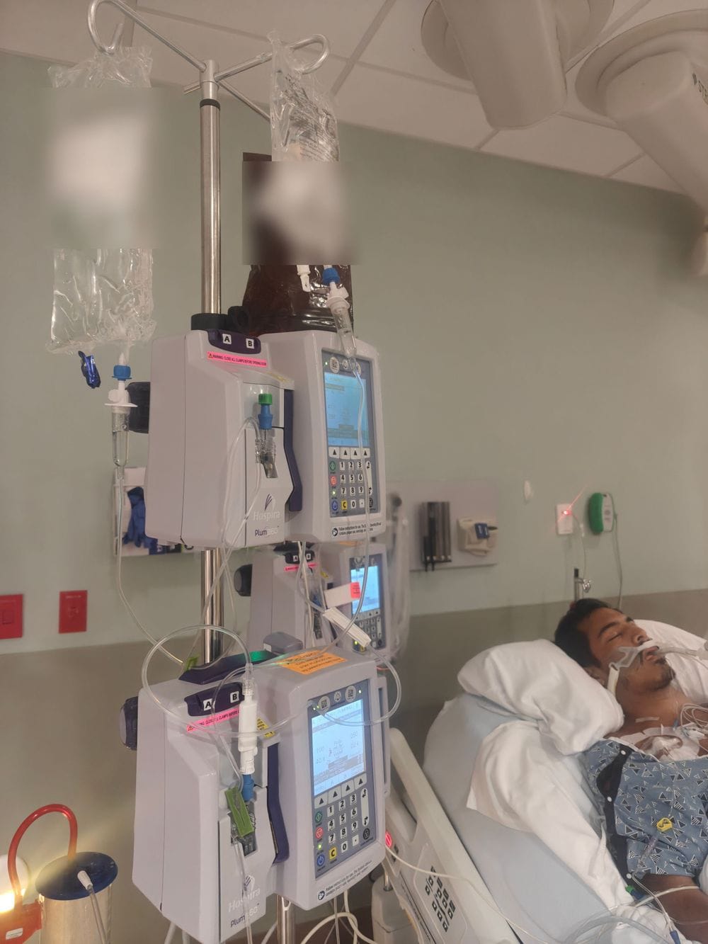 The infusion pumps at Karamat's bedside in the ICU